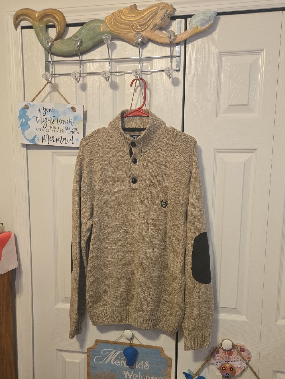 Chaps Tan and Black  Knit Sweater with Elbow Patches